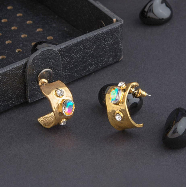 Gold Plated Half Circle Shaped With Stone Studded Fashion Hoops Earring-HER 1571 - Trendisia