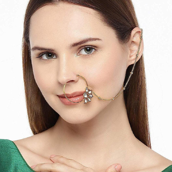 Gold-Plated handcrafted Kundan Nose Ring - Trendisia