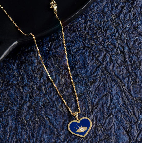 Gold Plated Heart Shaped Blue Enamel Evil Eye Pendant Protect Lucky Necklace-EVNK 1136 - Trendisia