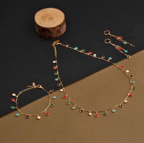 Gold Plated Heart Shaped Multicolor Enamel Necklace Set With Bracelet- NK 1832 - Trendisia