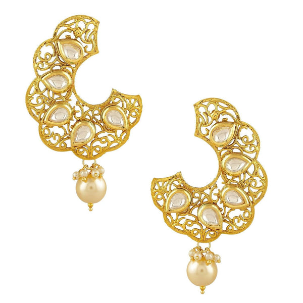 Gold Plated Hoop Style Dangle Drop with Kundan and Pearls Earrings for Women - Trendisia