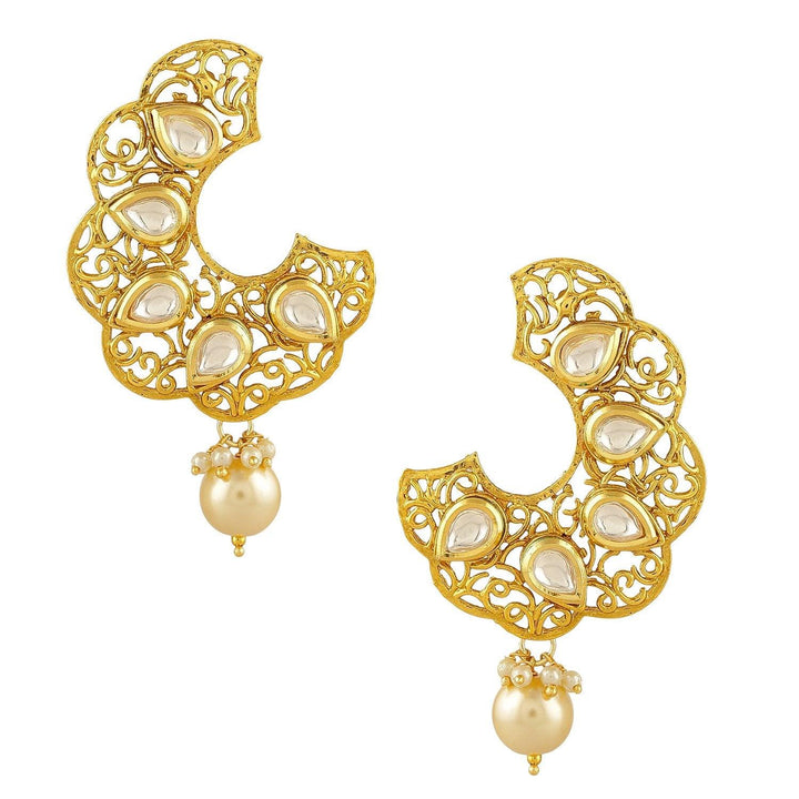 Gold Plated Hoop Style Dangle Drop with Kundan and Pearls Earrings for Women - Trendisia
