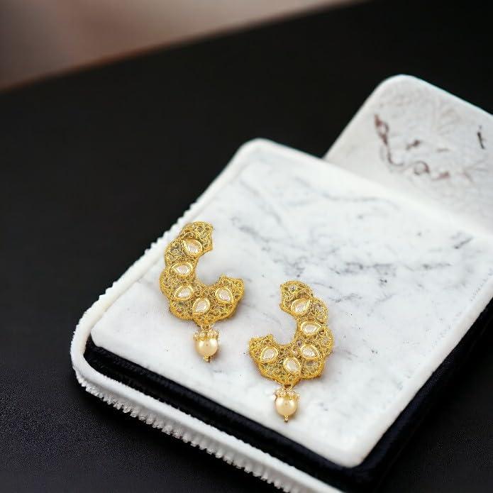 Gold Plated Hoop Style Dangle Drop with Kundan and Pearls Earrings for Women - Trendisia