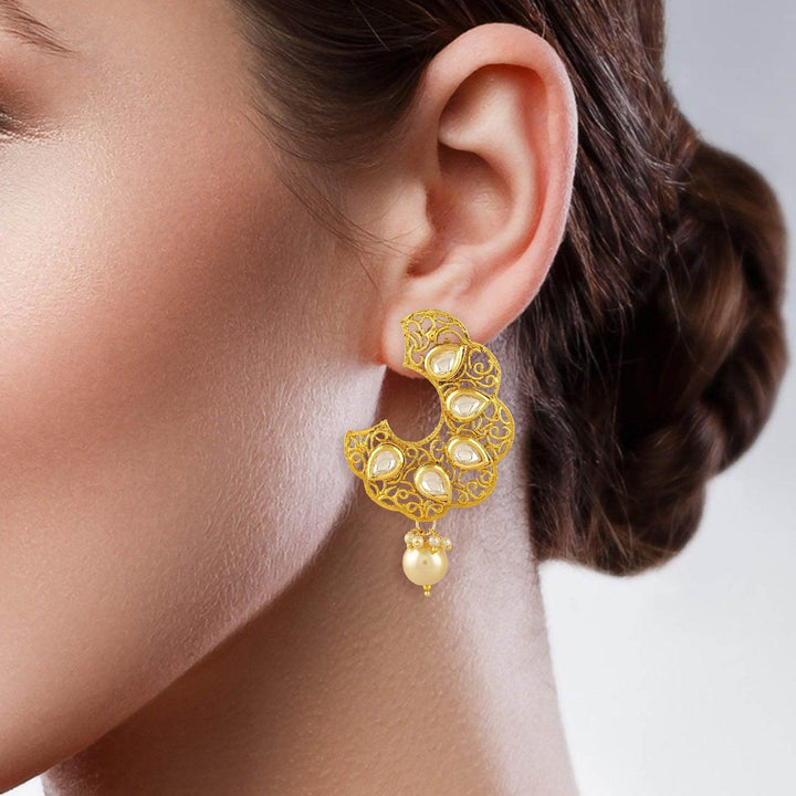 Gold Plated Hoop Style Dangle Drop with Kundan and Pearls Earrings for Women - Trendisia