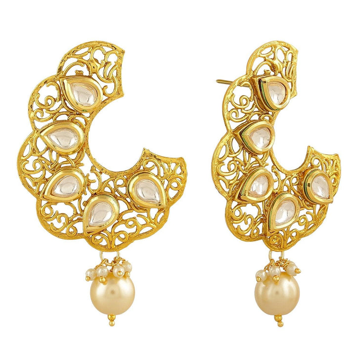 Gold Plated Hoop Style Dangle Drop with Kundan and Pearls Earrings for Women - Trendisia