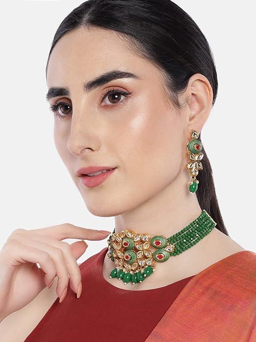 Gold-Plated Kundan Beaded Jewellery Set - Trendisia