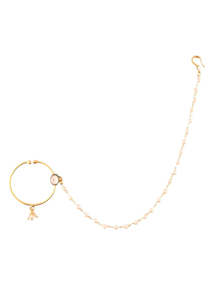 Gold-Plated Kundan Nath Nose Ring with Pearl Chain - Trendisia