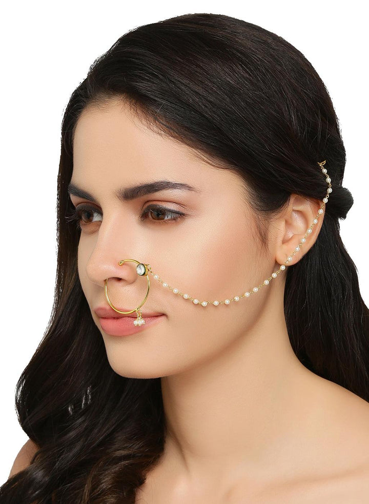 Gold-Plated Kundan Nath Nose Ring with Pearl Chain - Trendisia