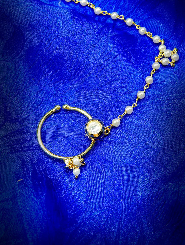 Gold-Plated Kundan Nath Nose Ring with Pearl Chain - Trendisia