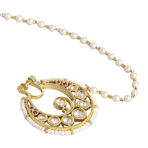 Gold Plated Kundan Nose Ring with Chain - Trendisia