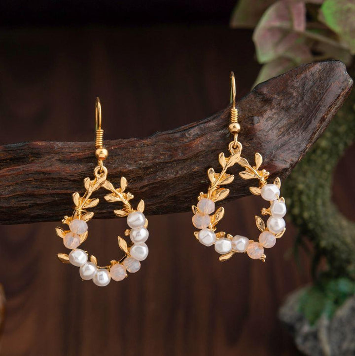 Gold Plated Leaf Design Tear Drop Shaped With Pearl Beads Fashion Western Earring-WER 1544 - Trendisia