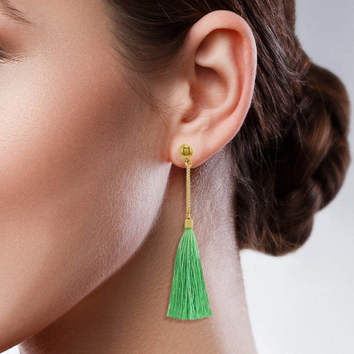 Gold Plated Lime Green Light Weighted Tassle Earrings with Chain for Women and Girls - Trendisia