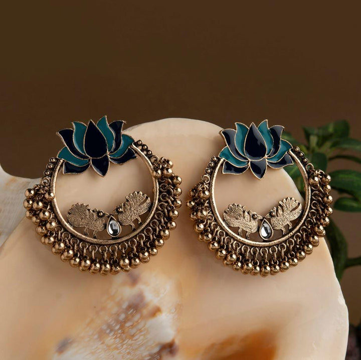 Gold Plated Lotus Designed Dual Colored Enamel With Beads Designed Antique Earring- AER 1692 - Trendisia