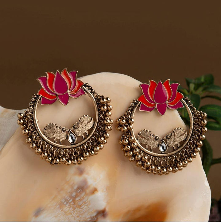 Gold Plated Lotus Designed Dual Colored Enamel With Beads Designed Antique Earring- AER 1692 - Trendisia