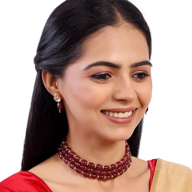 Gold-Plated Maroon Beaded Jewellery Set - Trendisia