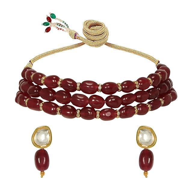 Gold-Plated Maroon Beaded Jewellery Set - Trendisia