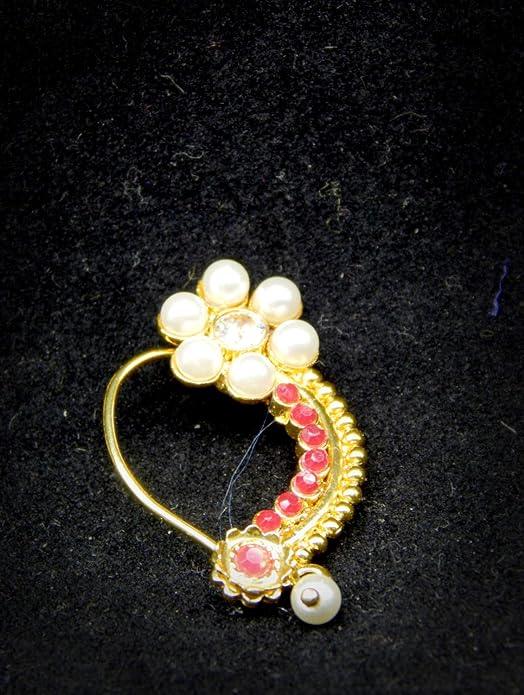 Gold Plated Nath with Pearls and Ruby - Trendisia