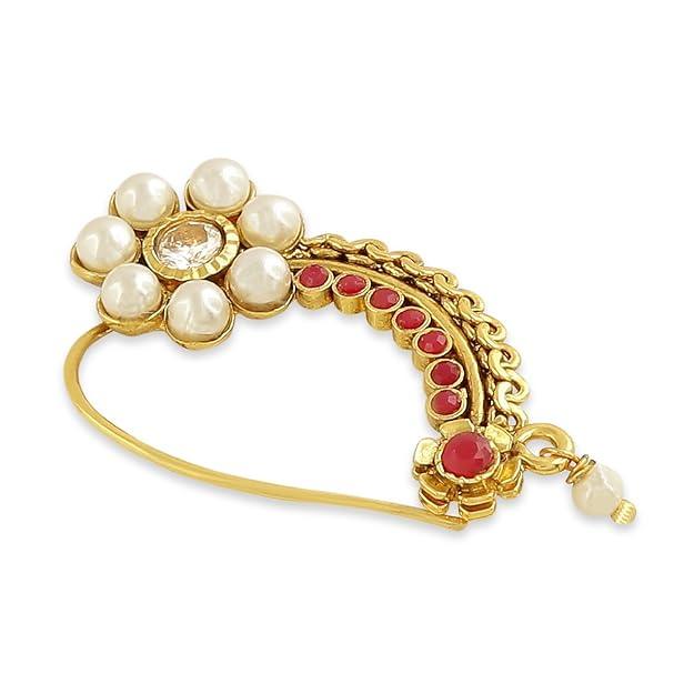 Gold Plated Nath with Pearls and Ruby - Trendisia