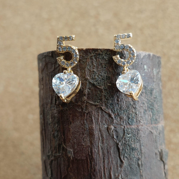 Gold Plated Number 5 With Heart CZ Western Earing- WER 2074 - Trendisia