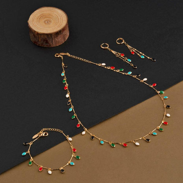 Gold Plated Oval Shaped Multicolor Enamel Necklace Set With Bracelet- NK 1831 - Trendisia