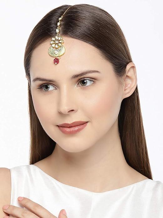 Gold Plated Pastel Pink Enamel And Kundan Maang Tika - Trendisia