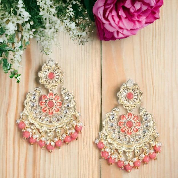 Gold-Plated Peach Handcrafted Enamelled and Kundan Studded Chandbalis - Trendisia