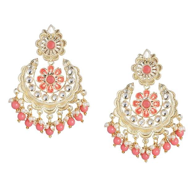 Gold-Plated Peach Handcrafted Enamelled and Kundan Studded Chandbalis - Trendisia