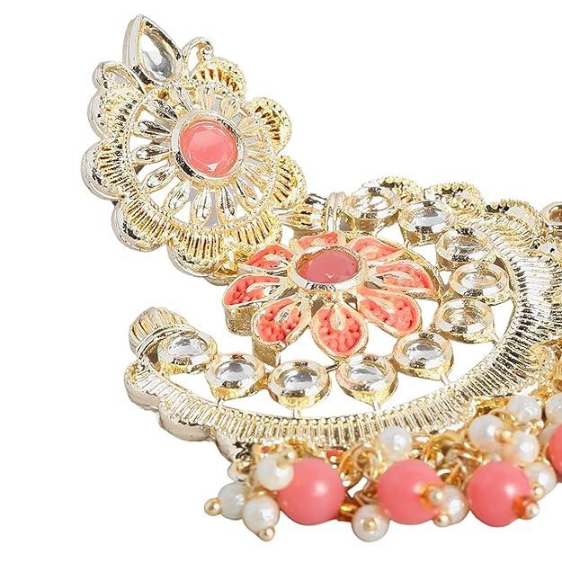 Gold-Plated Peach Handcrafted Enamelled and Kundan Studded Chandbalis - Trendisia