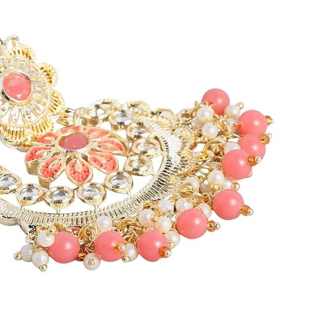 Gold-Plated Peach Handcrafted Enamelled and Kundan Studded Chandbalis - Trendisia