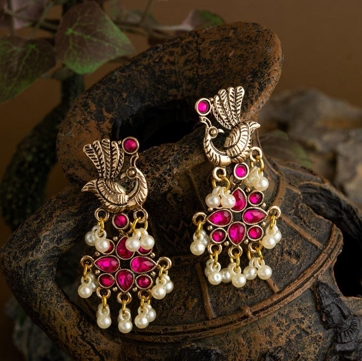 Gold Plated Peacock Design Stone Studded With Hanging Pearl Fashion Antique Earring- AER 1649 - Trendisia