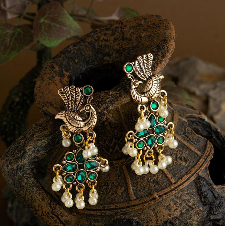 Gold Plated Peacock Design Stone Studded With Hanging Pearl Fashion Antique Earring- AER 1649 - Trendisia