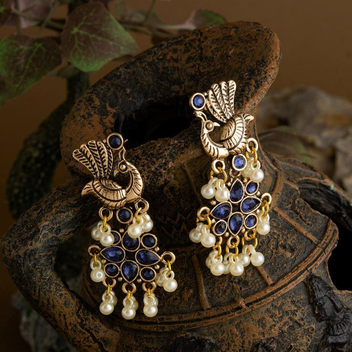 Gold Plated Peacock Design Stone Studded With Hanging Pearl Fashion Antique Earring- AER 1649 - Trendisia