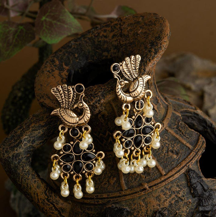 Gold Plated Peacock Design Stone Studded With Hanging Pearl Fashion Antique Earring- AER 1649 - Trendisia