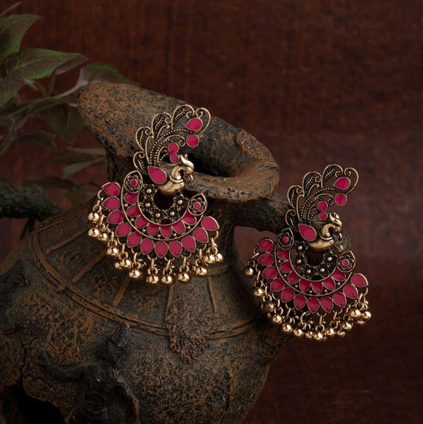 Gold Plated Peacock Designed Enamel Artwork With Beads Fashion Antique Earring- AER 1634 - Trendisia