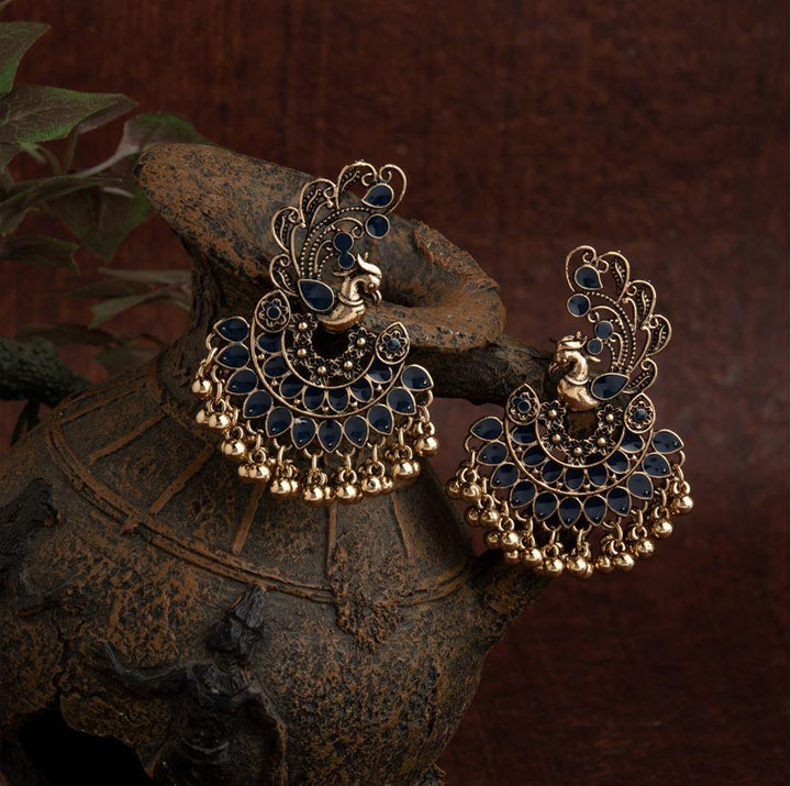 Gold Plated Peacock Designed Enamel Artwork With Beads Fashion Antique Earring- AER 1634 - Trendisia