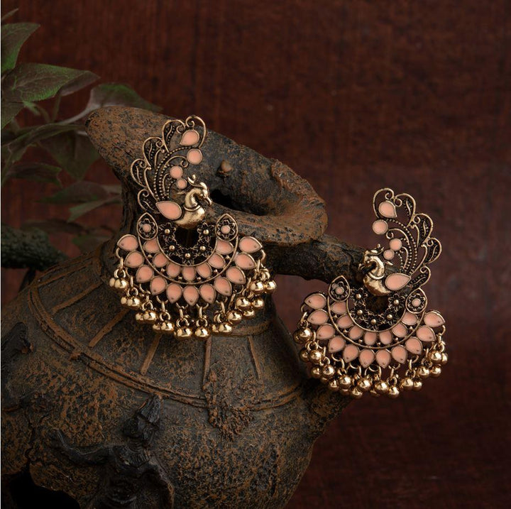 Gold Plated Peacock Designed Enamel Artwork With Beads Fashion Antique Earring- AER 1634 - Trendisia