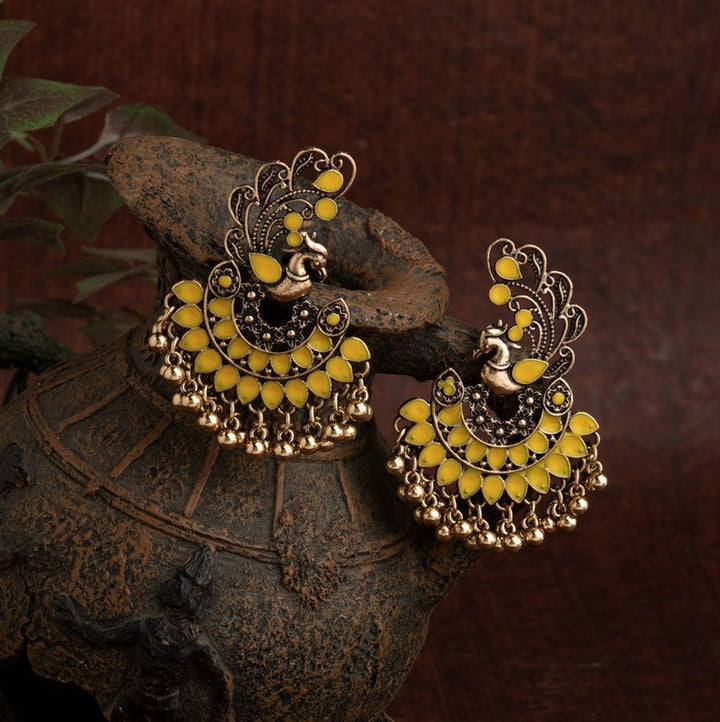 Gold Plated Peacock Designed Enamel Artwork With Beads Fashion Antique Earring- AER 1634 - Trendisia