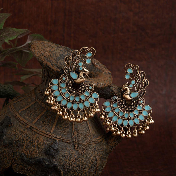 Gold Plated Peacock Designed Enamel Artwork With Beads Fashion Antique Earring- AER 1634 - Trendisia