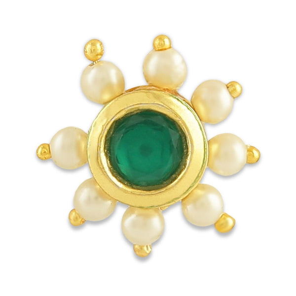 Gold-Plated Pearl and Green Stone Nose Pin - Trendisia