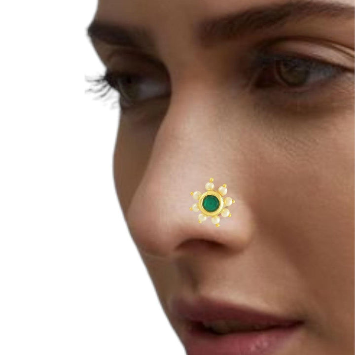 Gold-Plated Pearl and Green Stone Nose Pin - Trendisia
