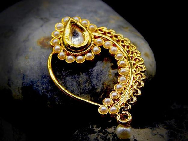 Gold-Plated Pearls Tilak Shaped Nosepin - Trendisia