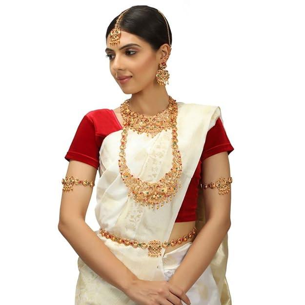 Gold-Plated Pink Green Stone-Studded Beaded Bridal Jewellery Set - Trendisia