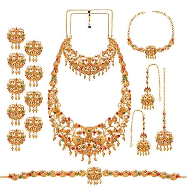 Gold-Plated Pink Green Stone-Studded Beaded Bridal Jewellery Set - Trendisia