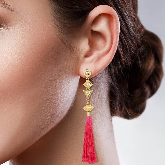 Gold Plated Pink Tassel Dangler Earrings for Women - Trendisia