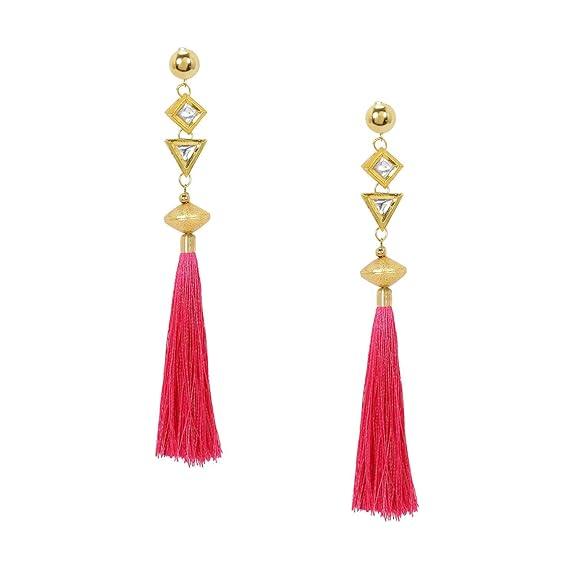 Gold Plated Pink Tassel Dangler Earrings for Women - Trendisia