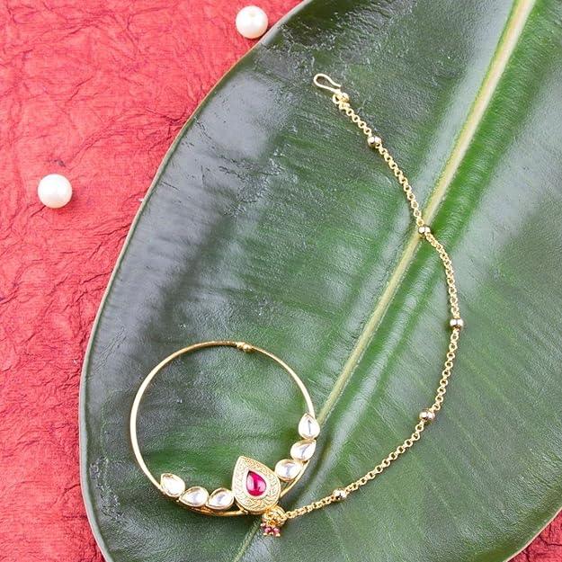 Gold Plated Polki Nose Ring With Chain - Trendisia