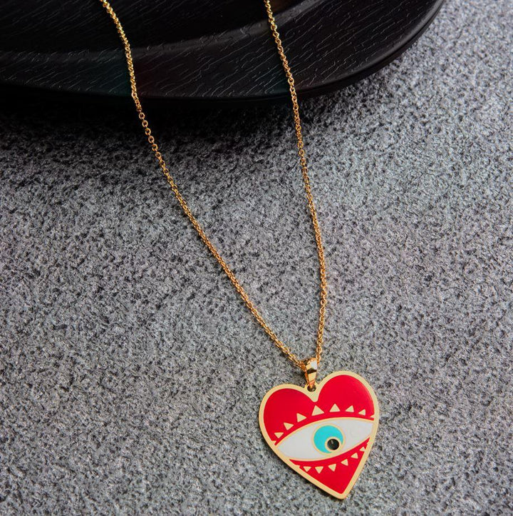 Gold Plated Red Enamel Heart With Evil Eye Designed Pendant Protect Lucky Necklace- EVNK 1118 - Trendisia