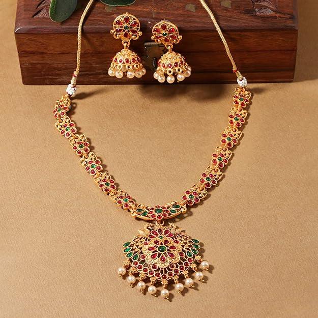 Gold-Plated Red Green Stone-Studded Jewellery Set - Trendisia