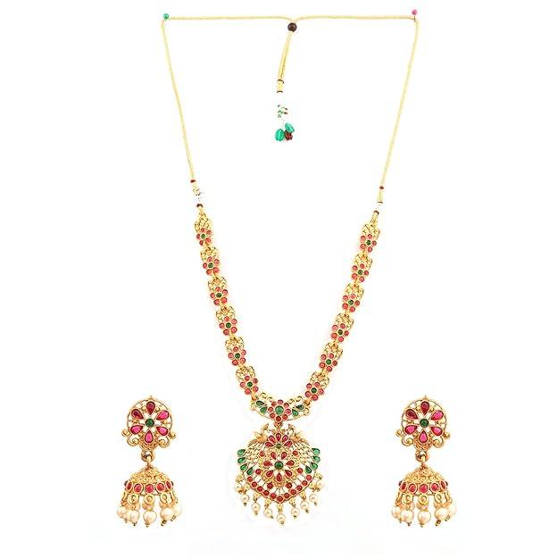 Gold-Plated Red Green Stone-Studded Jewellery Set - Trendisia