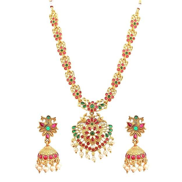 Gold-Plated Red Green Stone-Studded Jewellery Set - Trendisia